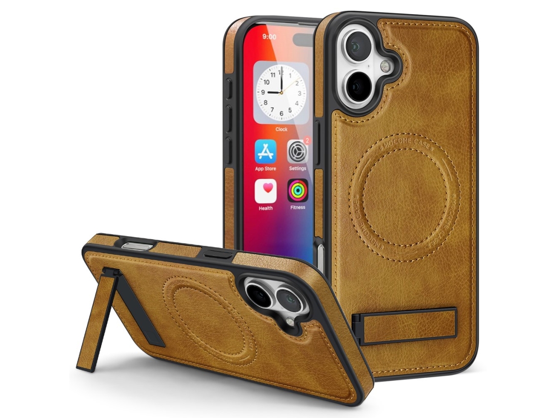 Casa Em Tpu Pele Pu Magnético Com Suporte, Compatível Com Magsafe Para Apple Iphone 16 - Castanho