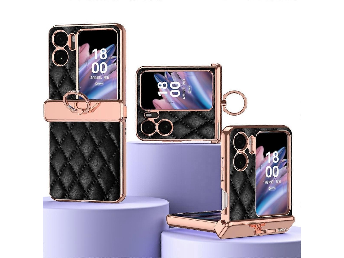 Capa Magnética De Couro Liso Galvanizado Com Padrão De Losango Para Oppo Find N2 Com Anel