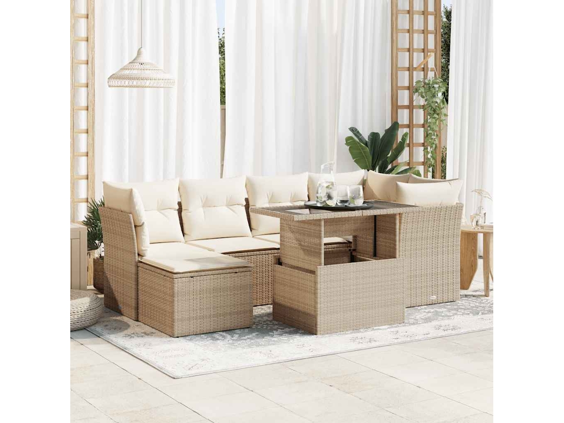 Vidaxl 7 Pcs Conjunto De Sofás P/ Jardim Com Almofadões Vime Pe Bege