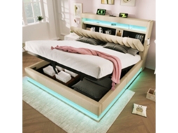 Cama Capitonê Dupla - Minimal - 140x190 Bege Linho Usb-c Led Com Baú Hidráulico E Ripas