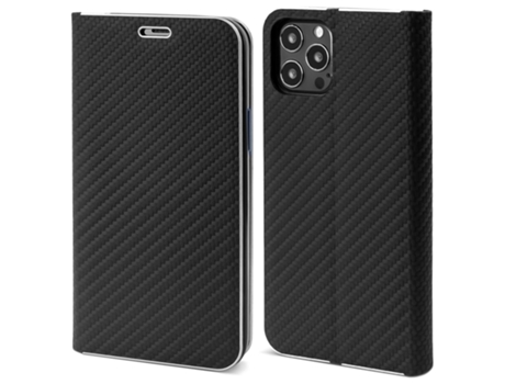 Capa Tipo Carteira MOOZY para Iphone 13 Pro Carbono Preto – Capa Flip com Design de Borda Metálica e Fecho Magnético com Suporte para Cartão E