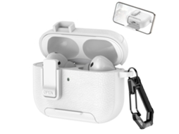 Capa em Couro Vegano para Airpods 4, com Mosquetão, compatível com Carregamento Sem Fio e Suporte, Branca