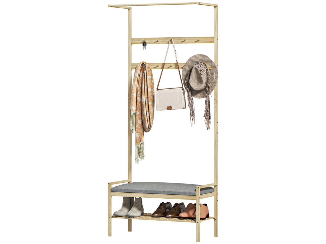 Sapateiro Com Banco E Ganchos 73,5x34x171cm Cinza E Natural