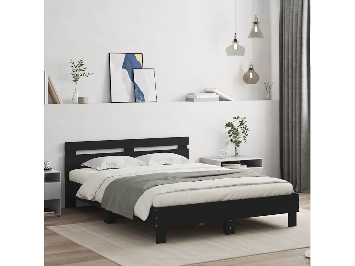 Vidaxl Estrutura Cama C/ Cabeceira 140x190 Cm Derivados Madeira Preto