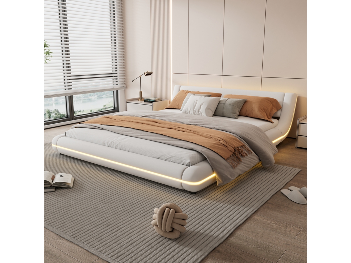 Plataforma 160x200cm, cama no piso, pu, luz led, branca GE