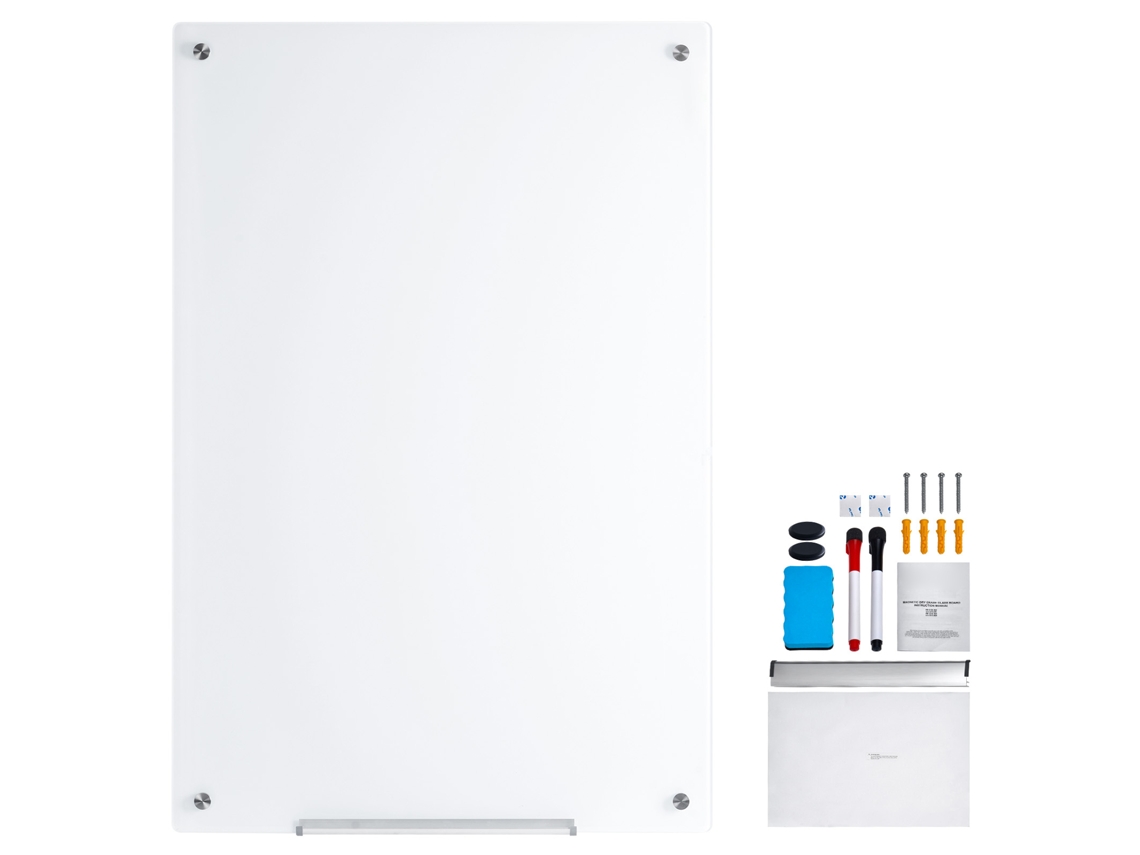 Quadro Branco de Vidro Magnético, Apagamento a Seco, Grande Sem Moldura Montado na Parede, com Bandeja para Marcadores, 1 Apagador e 2