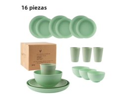 Conjunto de Talheres Portáteis Estilo Campestre com 16 Peças, Incluindo Faca, Garfo e Colher, Feitos de Plástico Ecológico. MDUG (verde)