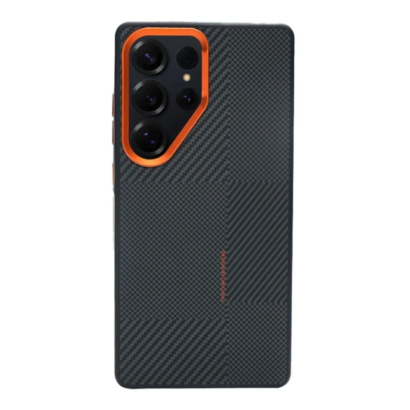 (laranja, Galaxy S26 Ultra) Capa Protetora Magnética Com Textura De Fibra De Carbono E Lente De Liga Fosca Resistente A Impactos.