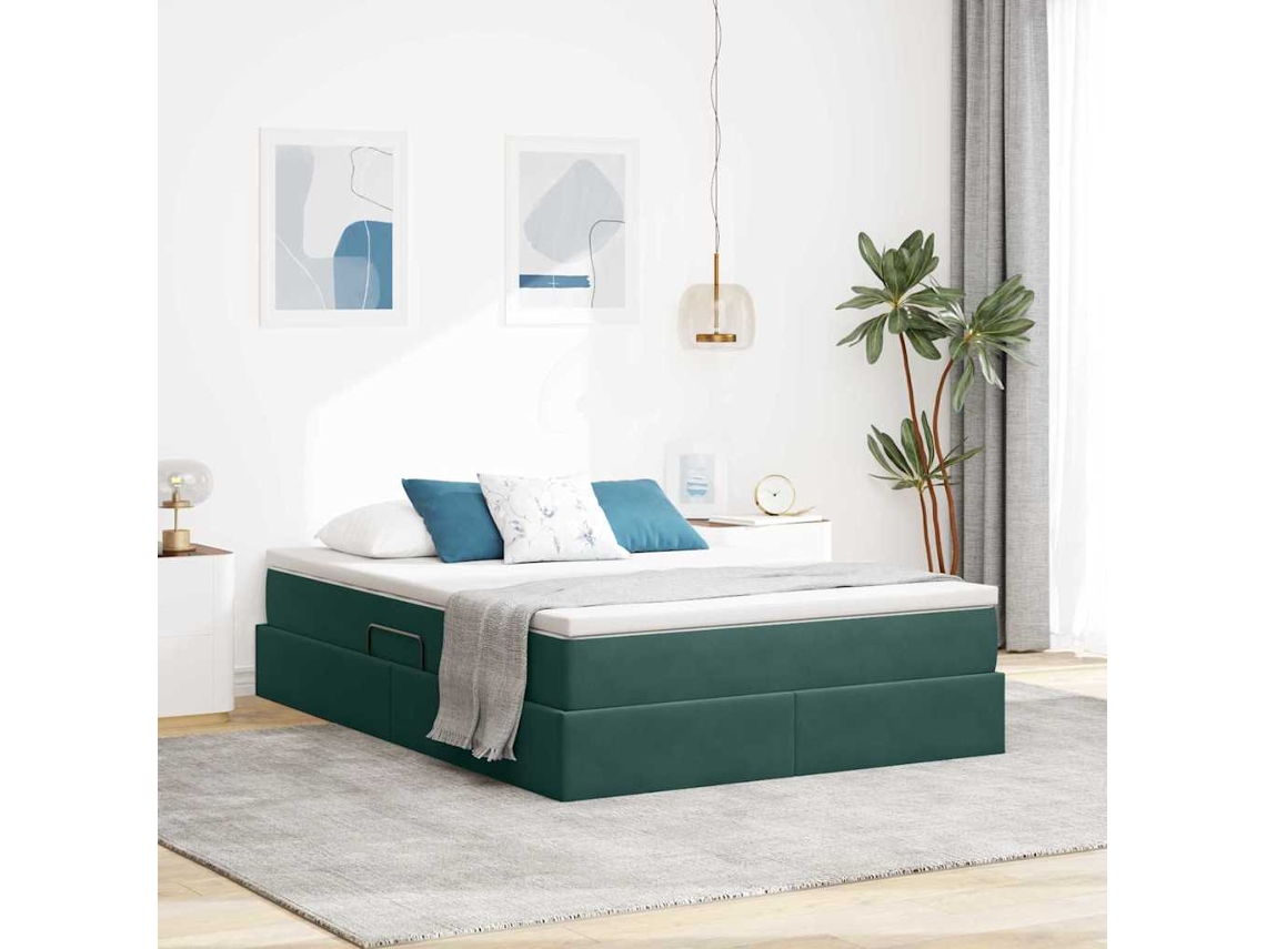 Vidaxl Cama Com Arrumação E Colchão Verde Escuro 140 X 200 Cm Veludo