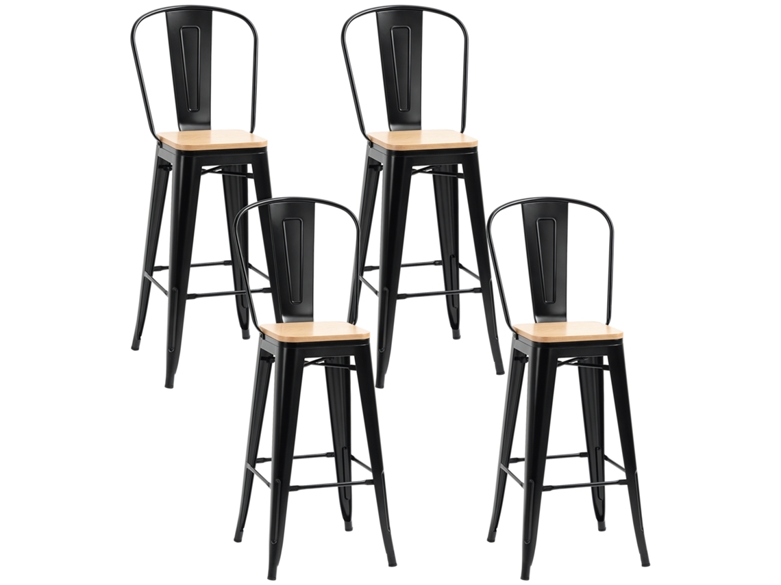Conjunto De 4 Banquetas Industriais Homcom, Com Encosto E Apoio Para Pés, Assento 76 Cm, Metal Preto