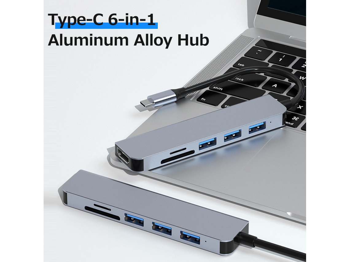 Hub Type-c 6 Em 1 Conversor Multifuncional Com Portas Usb3.0, Usb2.0, Hd E Slots Para Cartões Tf E Sd