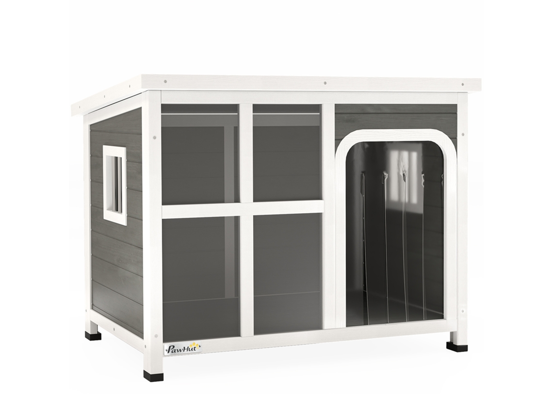 Casinha de Cachorro com Janelas e Entrada da Barraca. em Madeira de Abeto. 90x62x71 Cm. Cinza Claro Ge