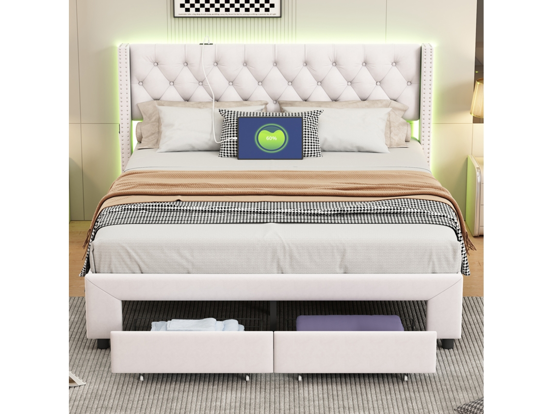 Cama Estofada De 180 X 200 Cm Com Iluminação Led, Porta Usb E 2 Gavetas Veludo Bege, Cama De Casal Com Espaço De Armazenamento E Bolsos Laterais.