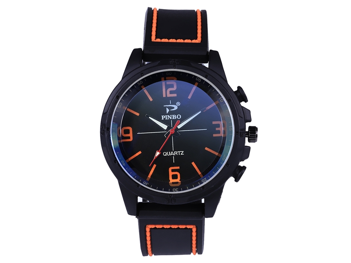 Relógio de pulso masculino de quartzo com pulseira esportiva de silicone laranja.