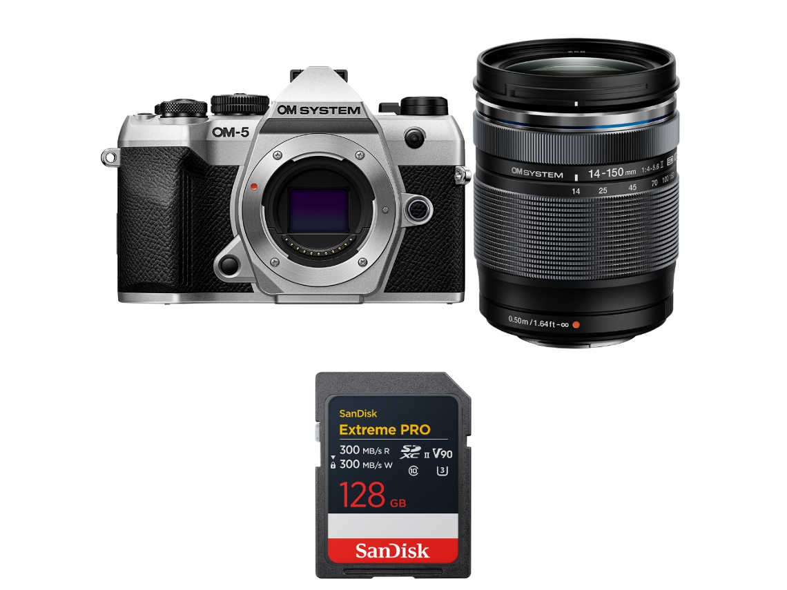 Om 5 Mark Ii Prateado + 14 150mm F/4 5.6 Ii + 1 Sandisk 128gb Extreme Pro Uhs ii Sdxc + Ebook “20 Dicas para Fotos Que Impressionam” OM SYSTEM