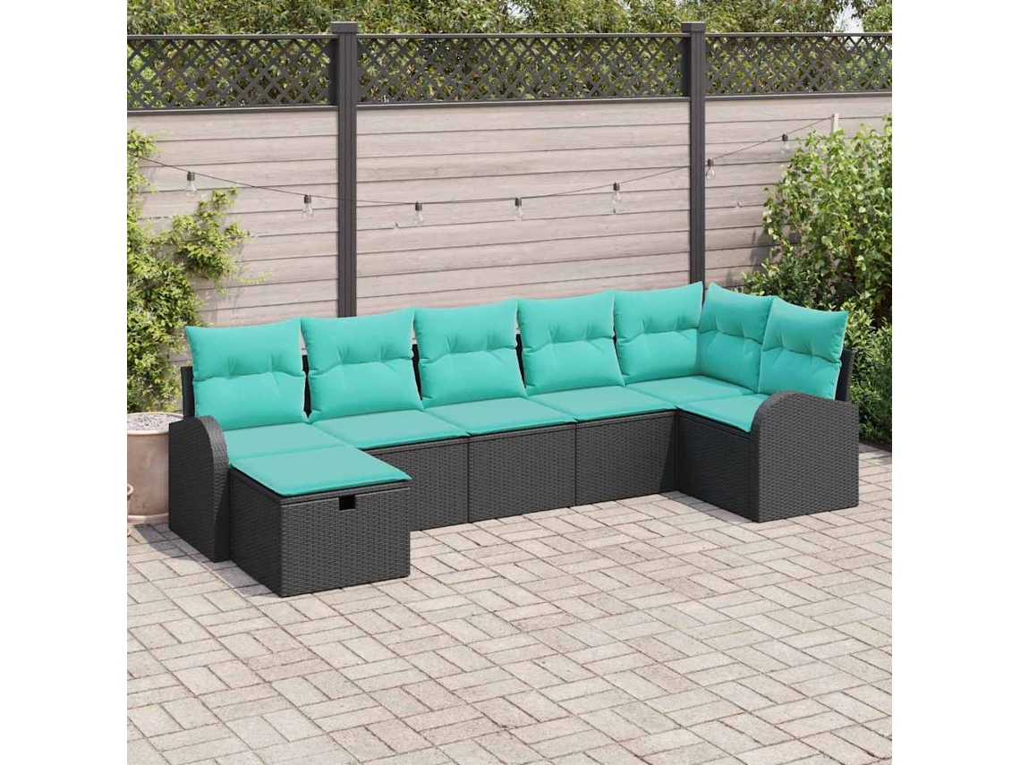 Vidaxl Conjunto De Sofá De Jardim Com Almofada 7 Pcs Preto Vime Pe