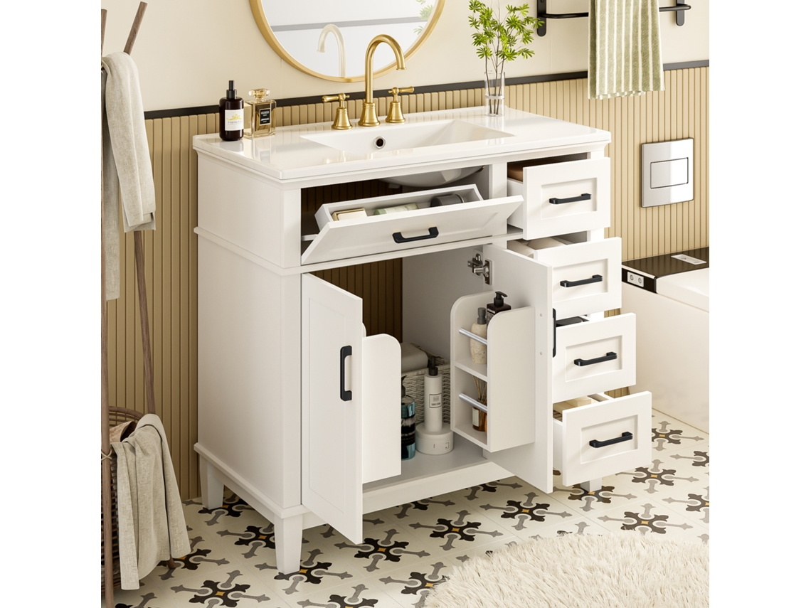Armário 90x46x87 Pia Cerâmica Gavetas Soft close Branco VOLTEDGE