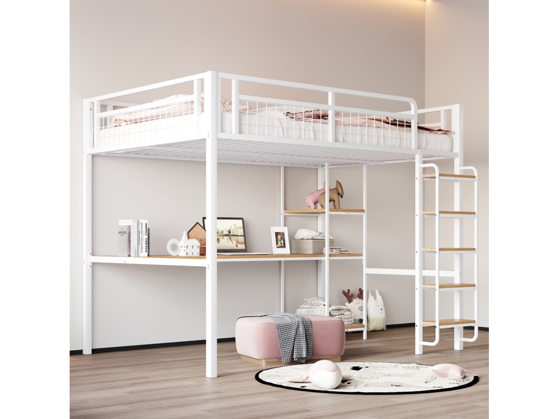 Cama Mezanino Metal Branca 140x200cm, Escada, Mesa, Prateleira, Grade.-op
