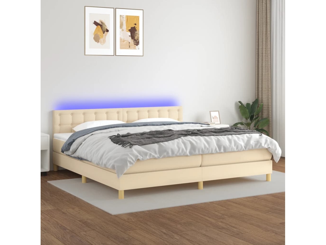 Vidaxl Cama Box Spring C/ Colchão E Led 200x200 Cm Tecido Cor Creme