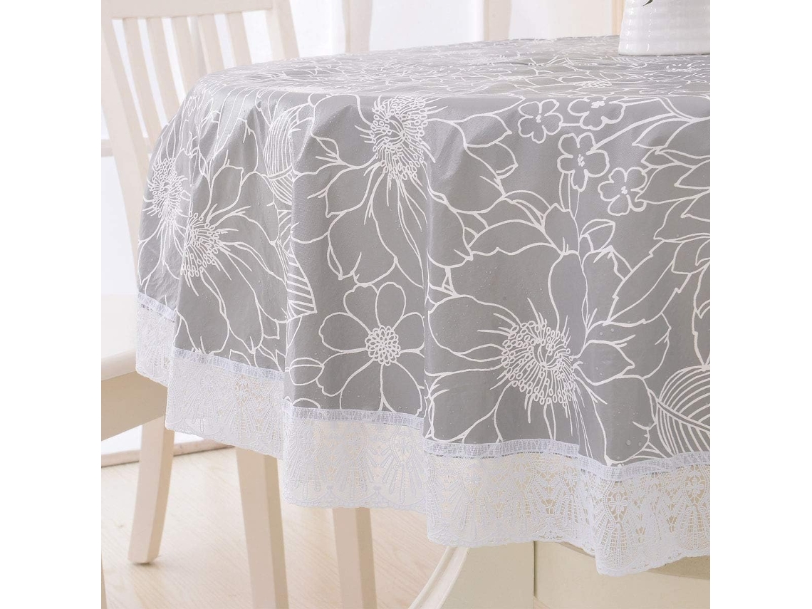 Toalha de Mesa Redonda de Vinil Rendada À Prova D'Água Pvc Plástico Lavável Óleo À Prova de Derramamento Círculo Folha Azul Flor Cinza 180 Cm