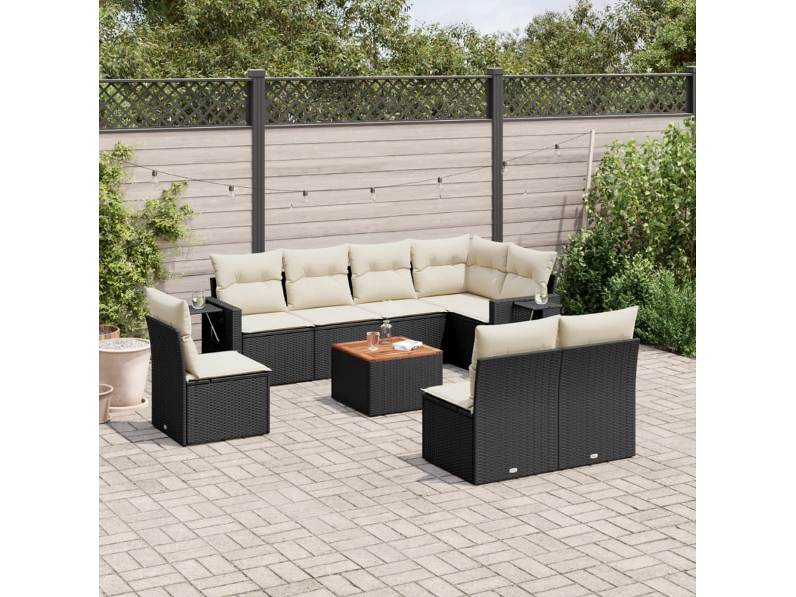 9 Pcs Conjunto De Sofás P/ Jardim C/ Almofadões Vime Pe Preto Dkd Home Decor