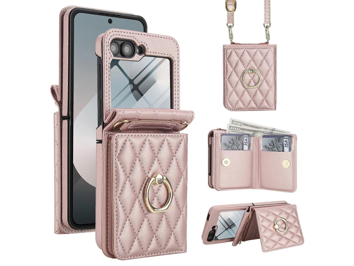 Capa Para Celular Samsung Galaxy Z Flip5 5g Com Textura Rômbica Integrada, Compartimento Para Cartão Rfid E Cordão Longo.