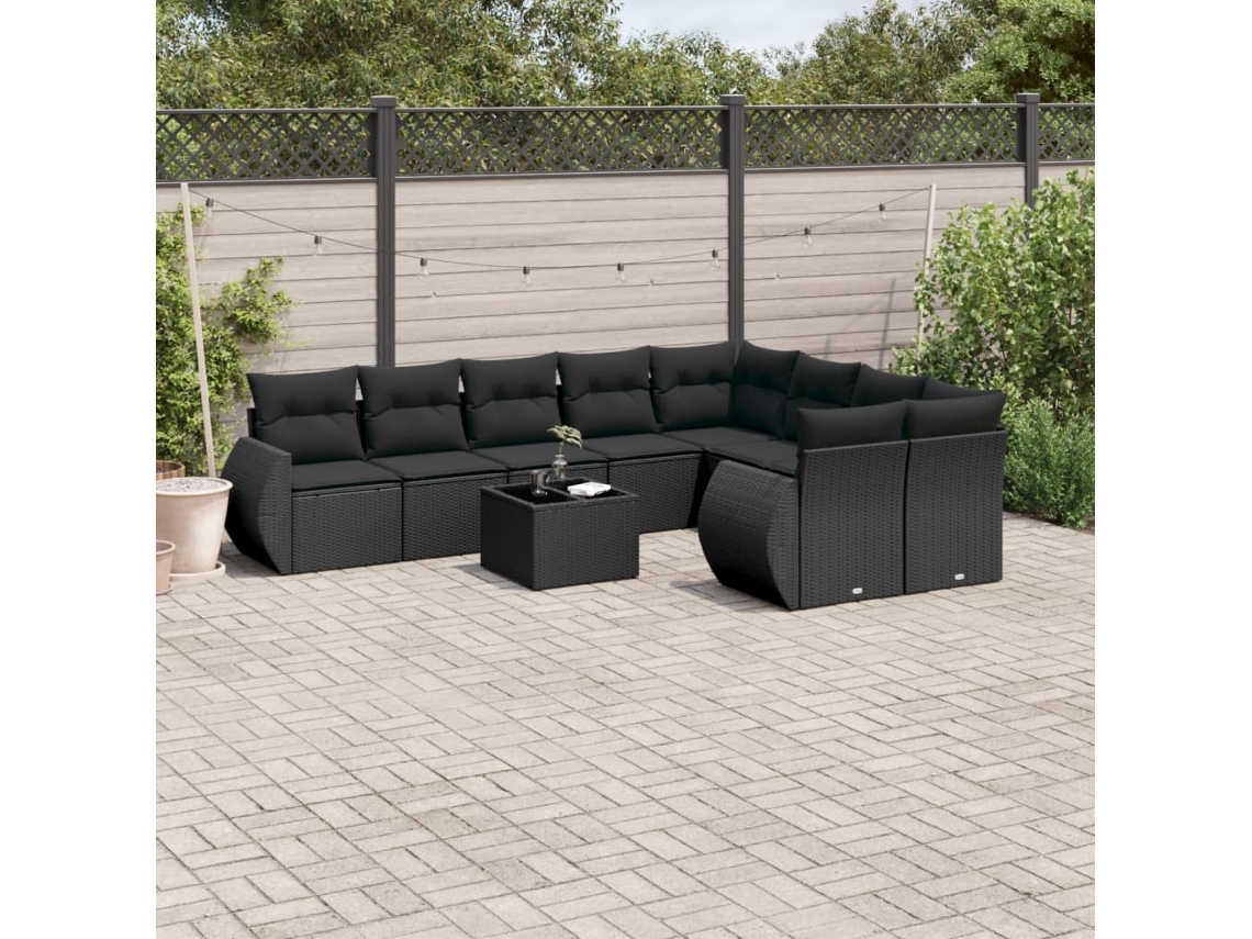 Vidaxl 10 Pcs Conjunto Sofás De Jardim C/ Almofadões Vime Pe Preto