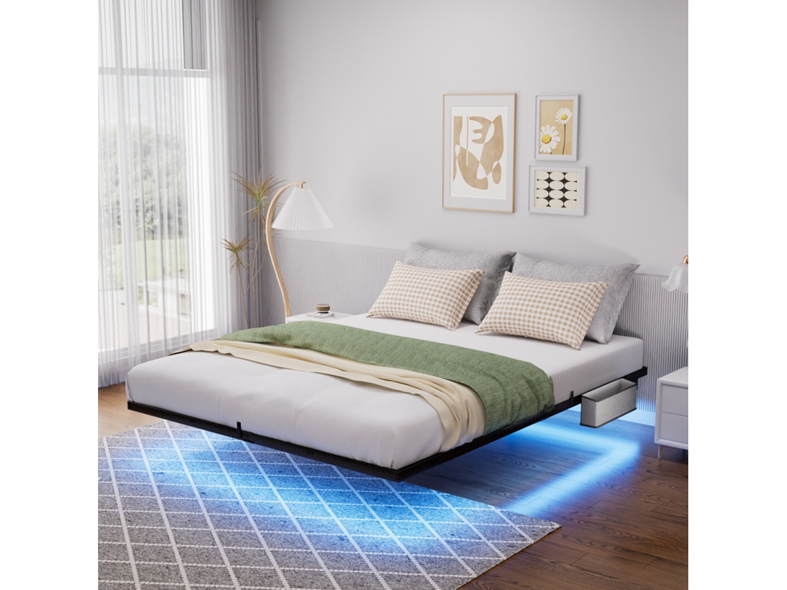 Schwebendes Metallbett 140x200 Cm Mit Led-beleuchtung, Metalllattenrost, Robust, Schwarz, Einfache Montage