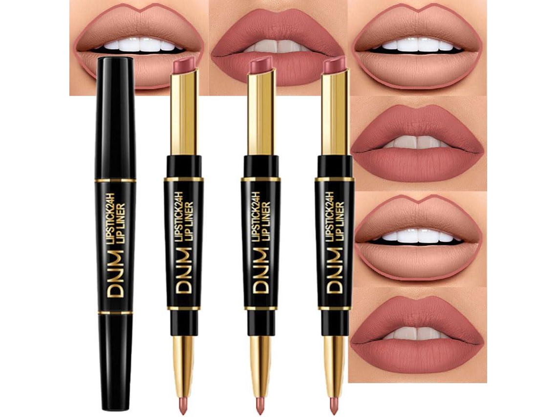 Liptaptyn - Conjunto de 3 batons e delineador labial marrom feminino, tons nude malva fosco outonal, longa duração (24 horas)