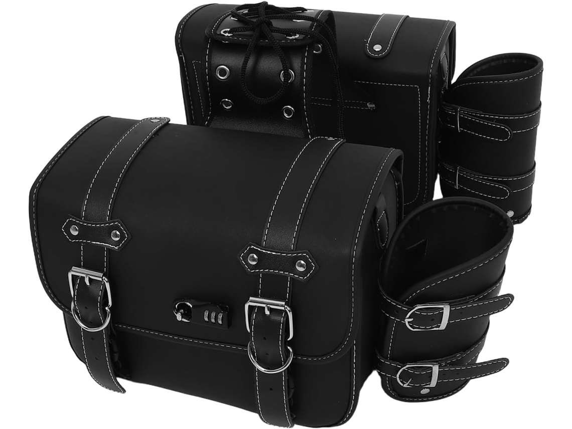 Bolsas Laterais Vintage Em Couro Preto Impermeável Para Motocicletas, Com Alças De Fixação.