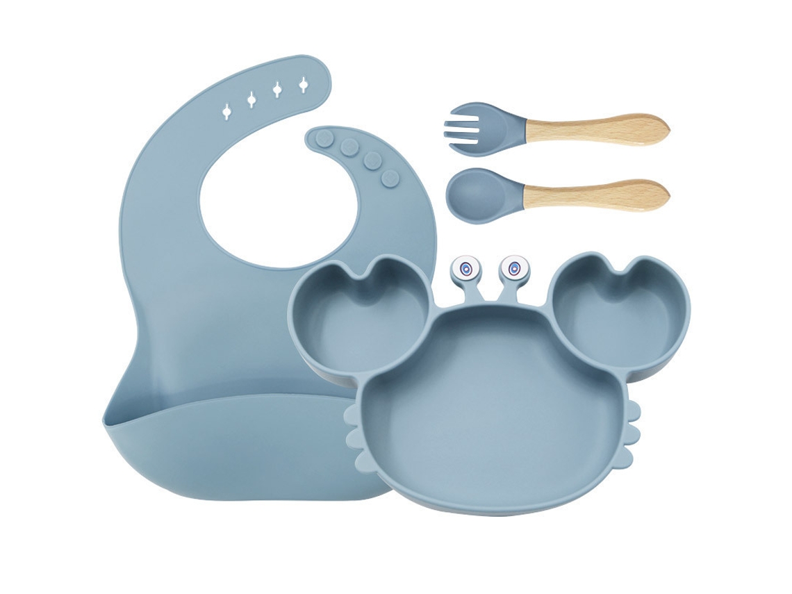 Conjunto 4 Peças Louça De Bebé Em Silicone Azul Claro: Prato Caranguejo, Babete E Talheres, Antiaderente, Bpa-free Para Blw