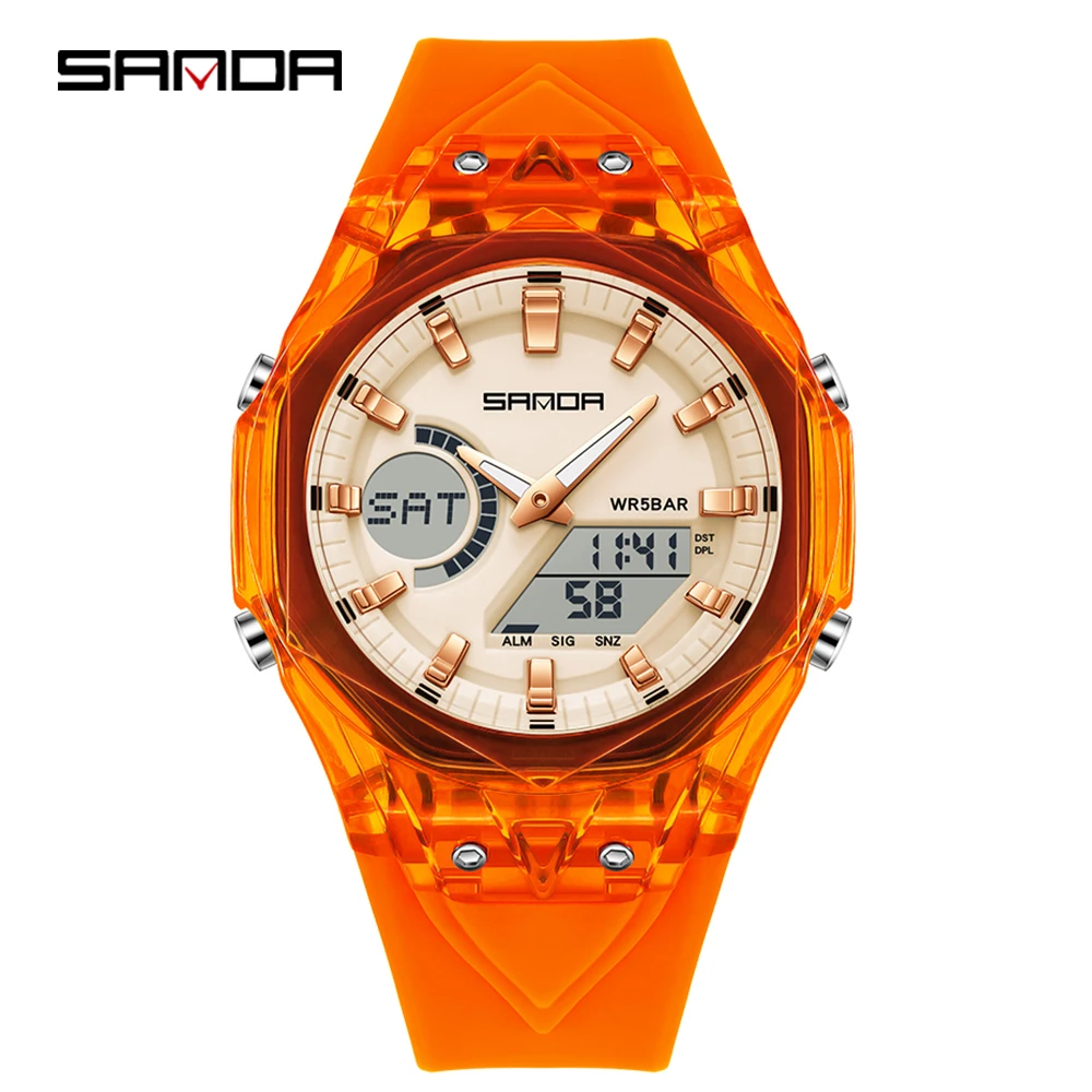 Relógio Despertador Estudantil Luminoso com Visor Duplo, Resistente a Choques, Esportivo e Digital Moda MDUG (laranja)