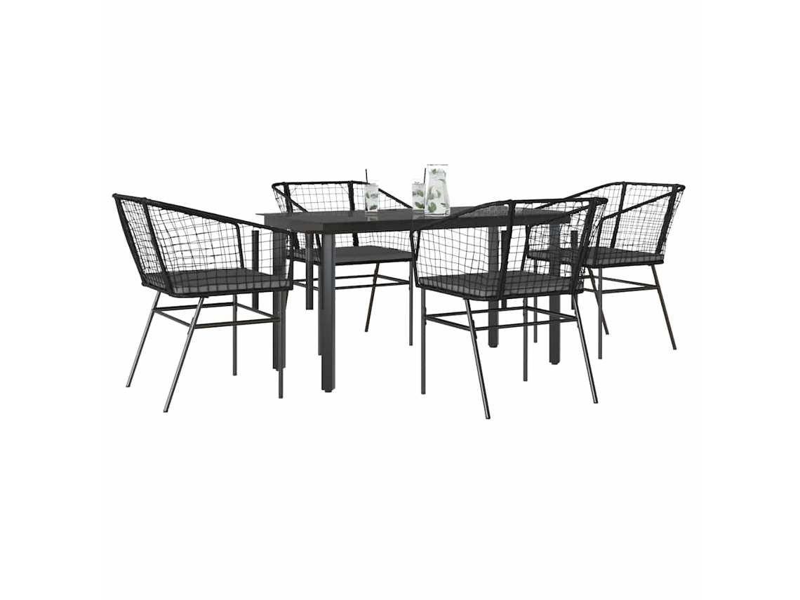 Vidaxl Conjunto De Jantar Jardim 5 Peças Almofadas Vidro Vime Pe Preto