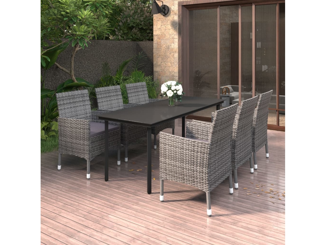 Vidaxl 7 Pcs Conjunto De Jantar P/ Jardim C/ Almofadões Vime Pe/vidro