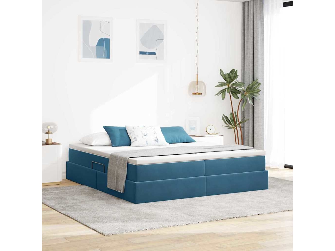 Vidaxl Cama Com Arrumação E Colchão Azul Escuro 180 X 200 Cm Veludo