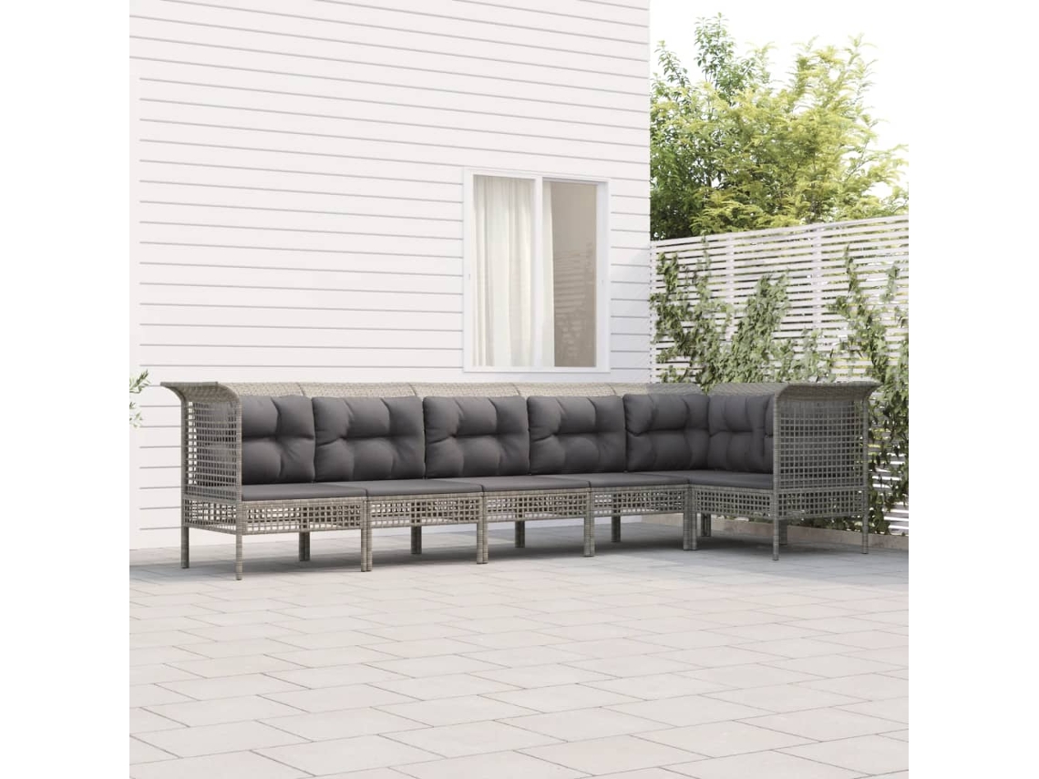 Vidaxl 6 Pcs Conjunto Lounge De Jardim C/ Almofadões Vime Pe Cinzento
