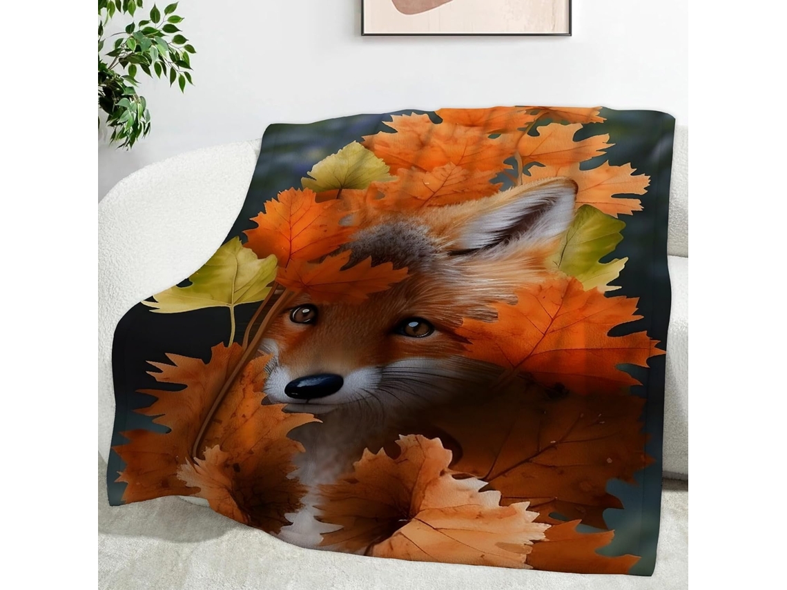 Manta com Estampa de Folha Bordo e Raposa Vermelha 130x150 Cm Multifuncional Macia Aconchegante em Flanela Ide