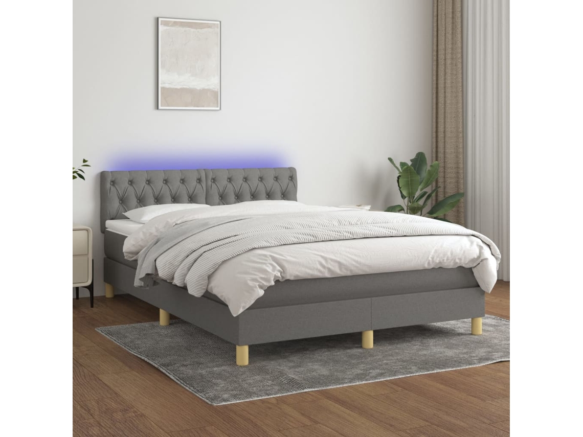 Vidaxl Cama Box Spring C/ Colchão E Led 140x200 Cm Tecido Cinza-escuro