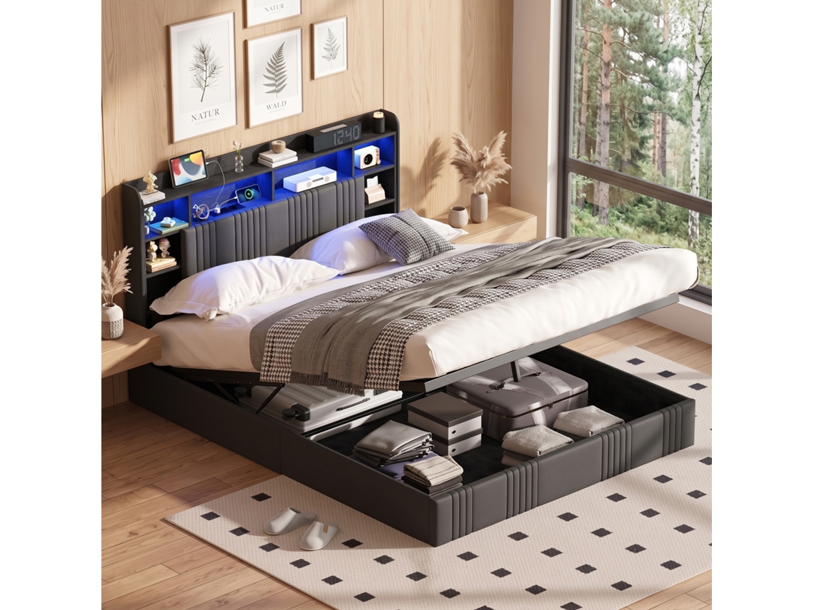 Cama Casal Estofada 160x200 Cm Com Led, Baú Com Elevação Hidráulica, Cabeceira Com Prateleiras E Ligação Usb Para Quarto Moderno Cinza