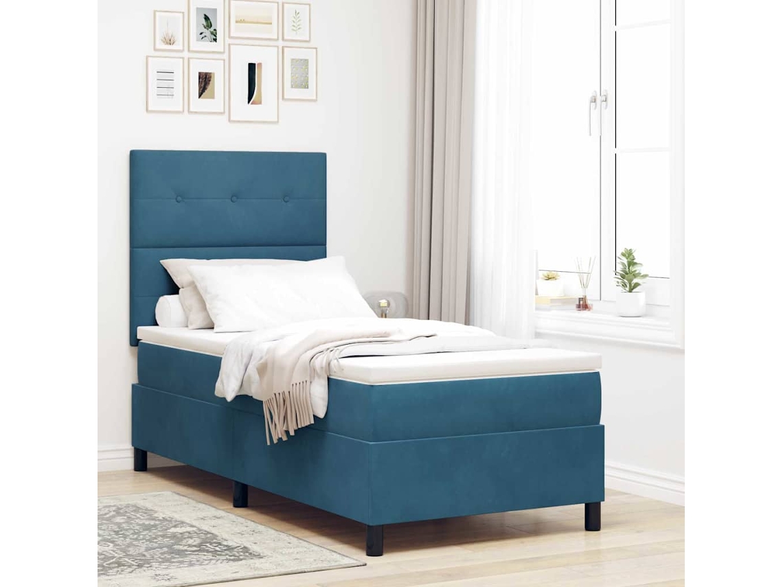 Vidaxl Cama Box Com Cabeceira Azul Escuro 80 X 200 Cm Veludo