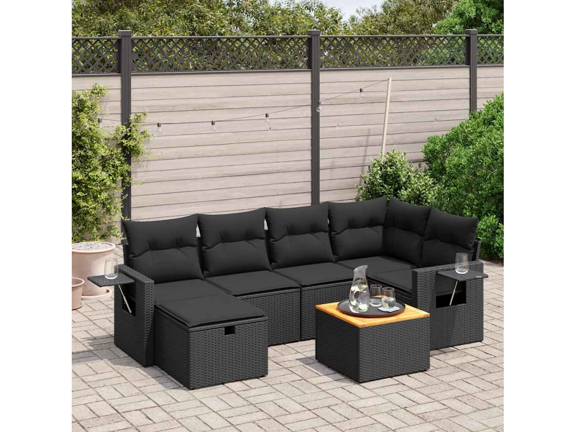 Vidaxl 7 Pcs Conjunto De Sofás P/ Jardim C/ Almofadões Vime Pe Preto