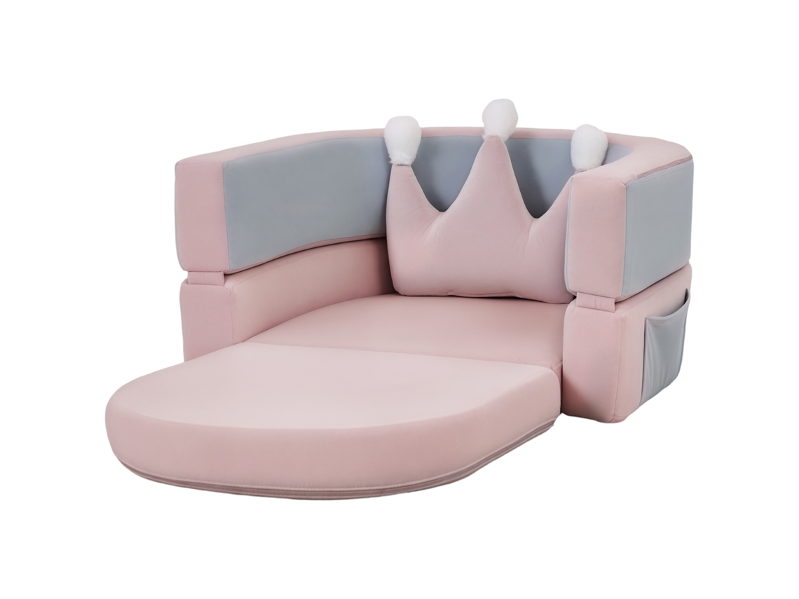 Sofá Para Crianças Com Almofada Em Forma De Coroa Dobrável Em Cama E Zona De Brincadeiras 116x61x14 Cm Rosa E Azul Acinzentado