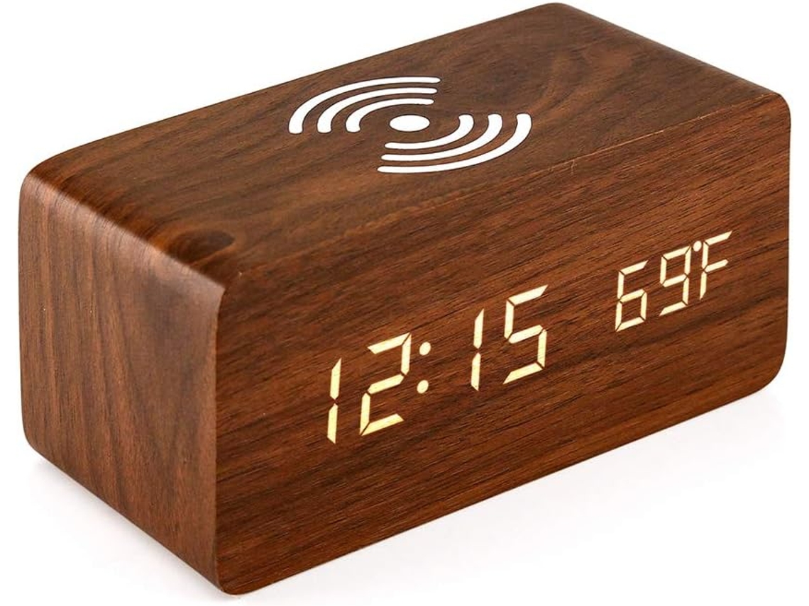 Despertador com Carregador Sem Fio Qi Compatível com Iphone Samsung Wood Led Digital Clock Função de Controle de Som, Hora, Data, Exibição D EHSTMIND
