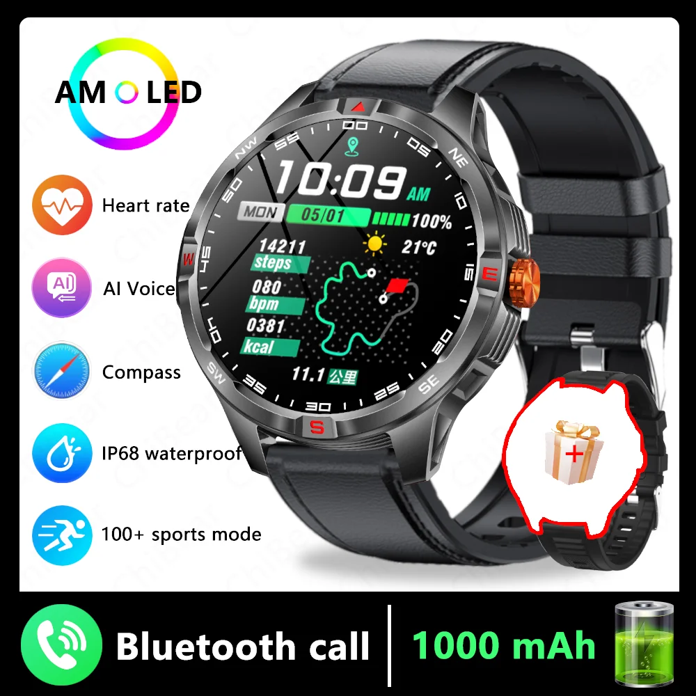 (pulseira De Couro Preta) Smartwatch, Navegação Gps, Bússola, À Prova D'água, Esportes E Fitness
