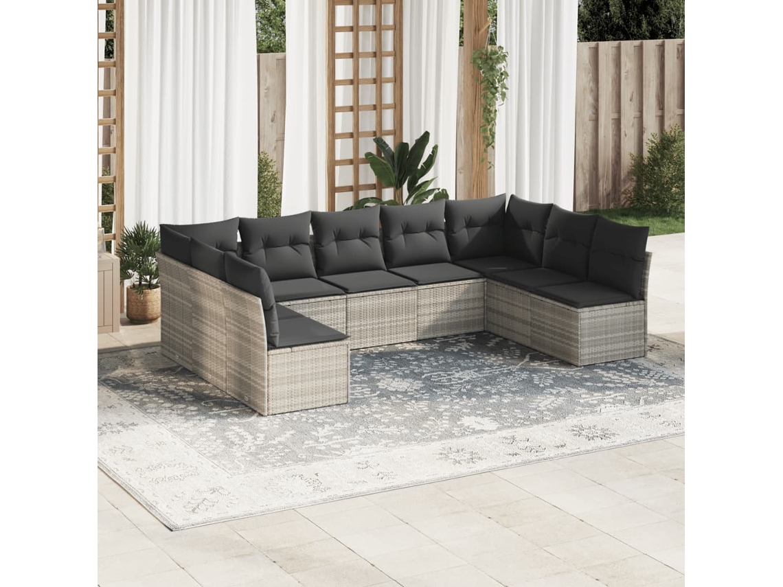 Vidaxl 9 Pcs Conj. Sofás Jardim Com Almofadões Vime Pe Cinzento-claro