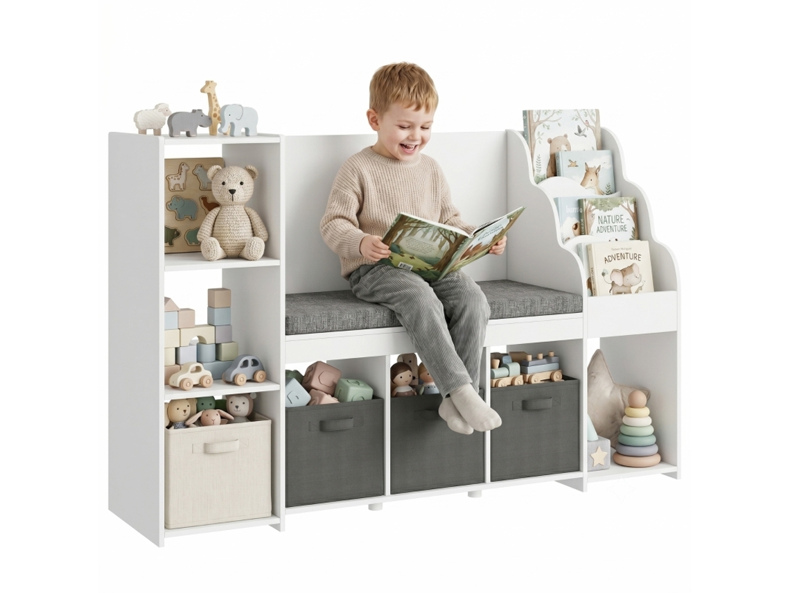 Estantes Infantis Para Brinquedos Com Canto De Leitura E Almofada, 3 Gavetas De Tecido, 3 Prateleiras, 4 Cubículos, 137x40x80 Cm, Branco