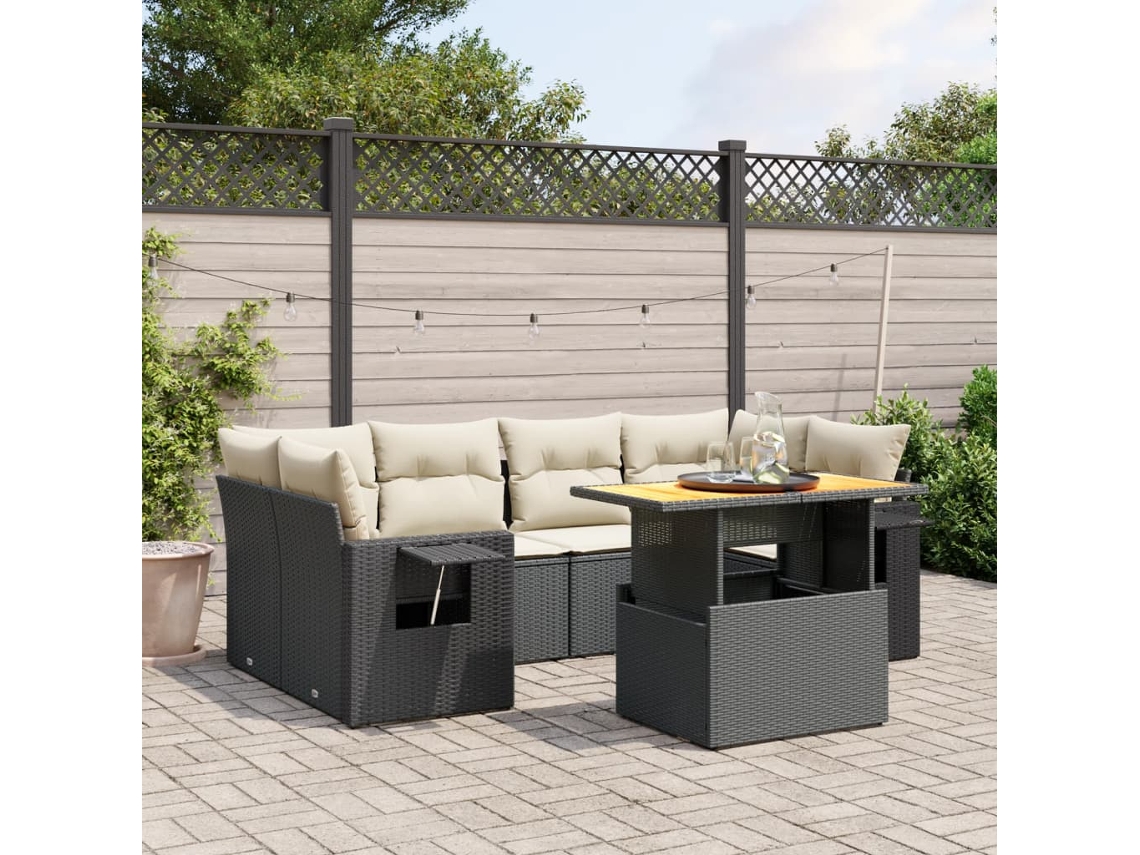 7 Pcs Conjunto De Sofás P/ Jardim C/ Almofadões Vime Pe Preto Dkd Home Decor
