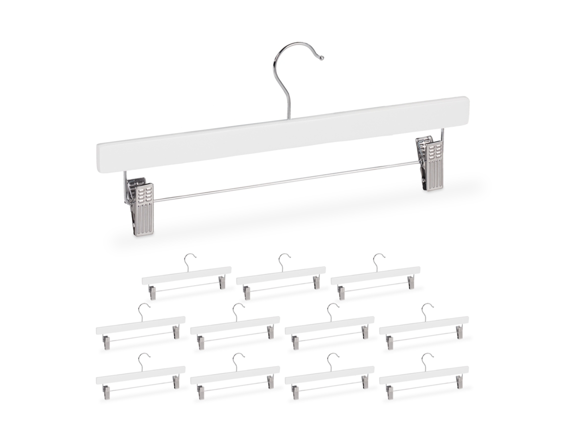 Cabide De Madeira Relaxdays Para Calças, 12 Unidades, Clipes Ajustáveis, Gancho Rotativo 360°, 35,5 Cm, Branco