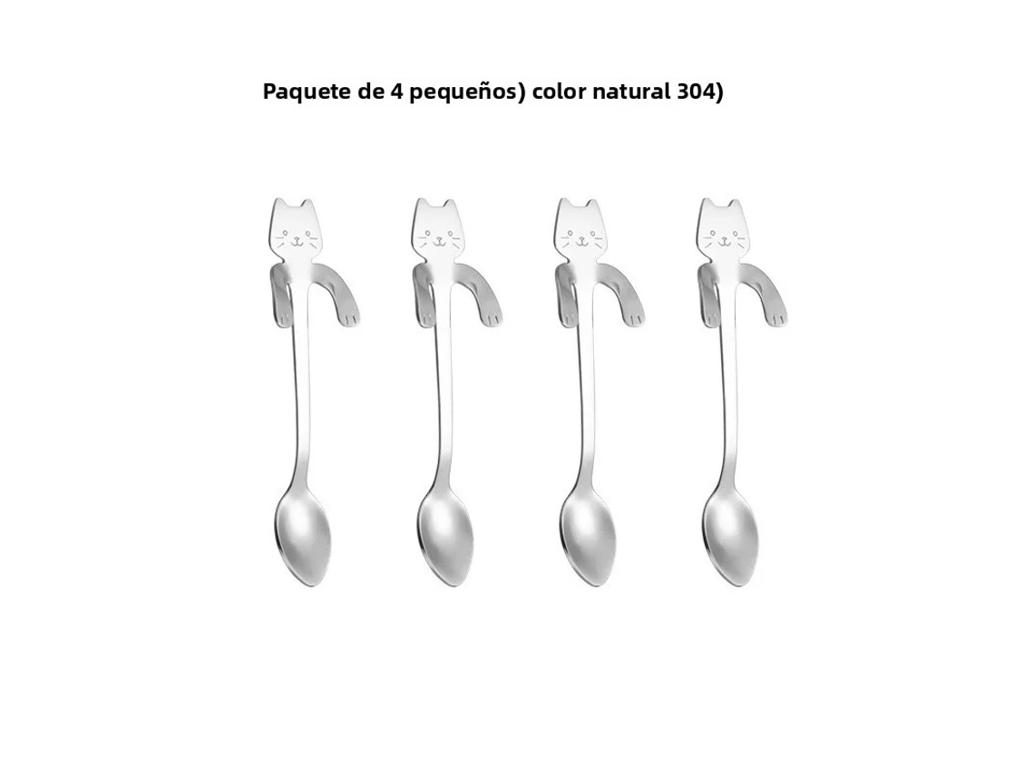 Conjunto de 4 Colheres de Café em Aço Inoxidável 304 com Design de Gato e Inseto, Banhadas a Platina e com Bordas para Mexer . MDUG (prateadas)