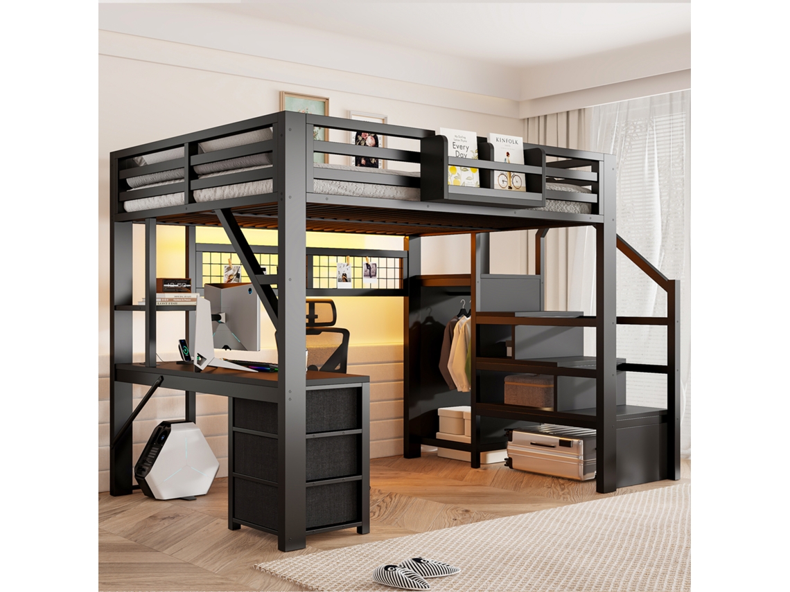 Cama Alta De Metal E Mdf Preta 140x200 Cm
